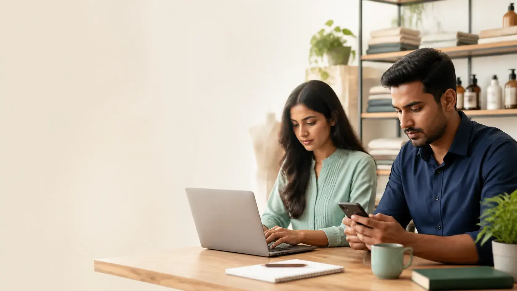 Business team coordinating customer communication across phone and laptop